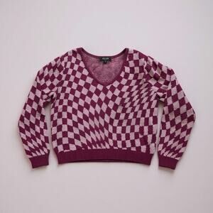 Witty Fox Burgundy & Pink Optical Checkerboard Sweater - Women’s XL